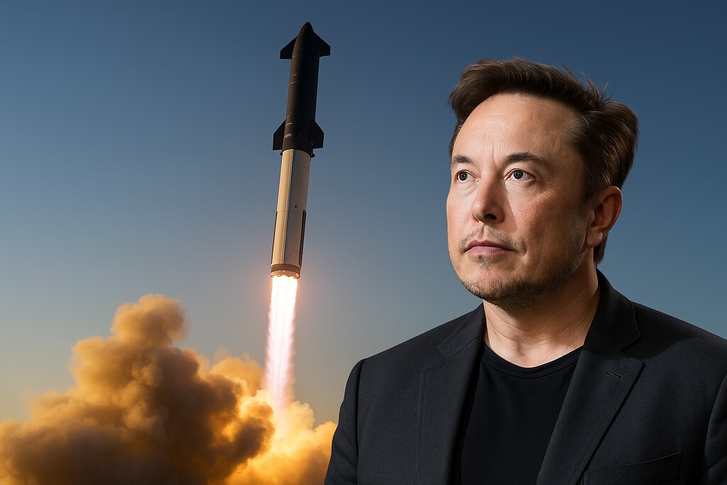SpaceX rocket launching with flames and smoke beneath, beside a man in a black jacket looking forward.