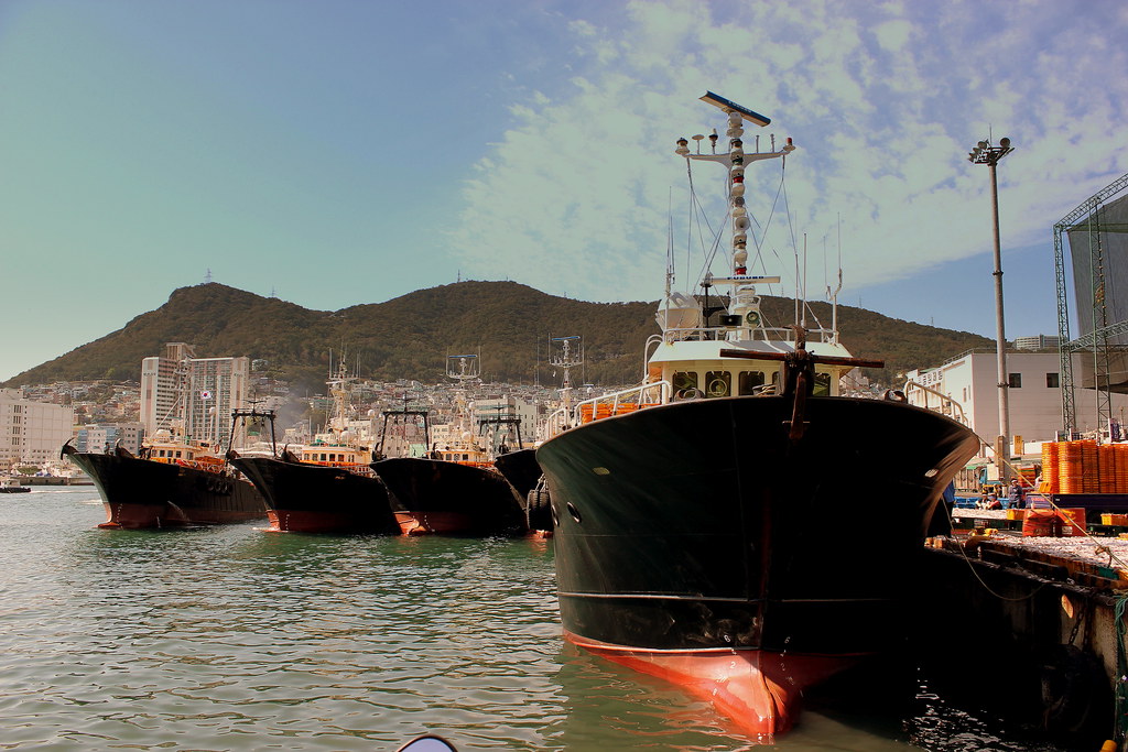 Fishing boats docked in a port with a cityscape and hills in the background under a partly cloudy sky.