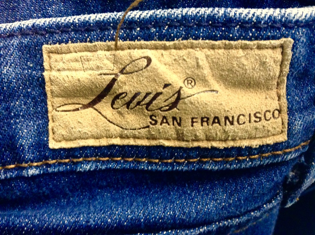 Close-up of Levi's jeans label on blue denim fabric